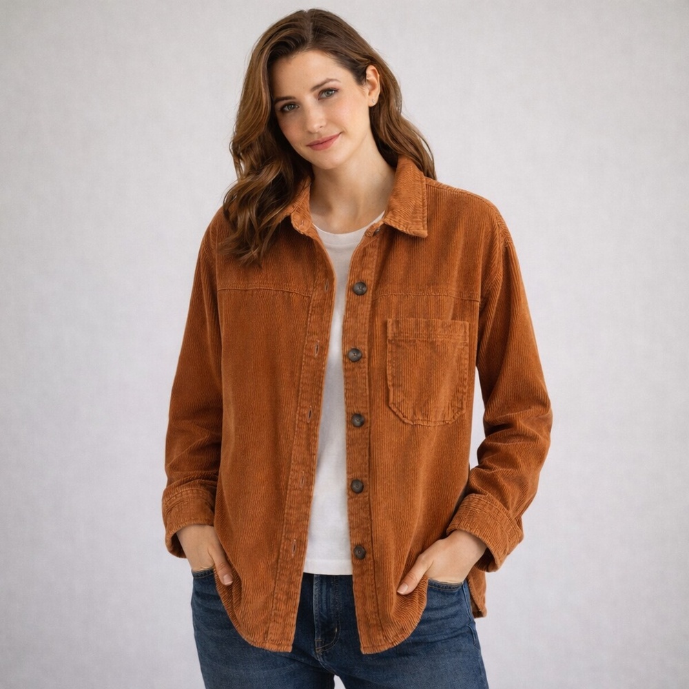 Kensie Jeans Corduroy Shacket Shirt Jacket in Camel Brown with Side Pockets